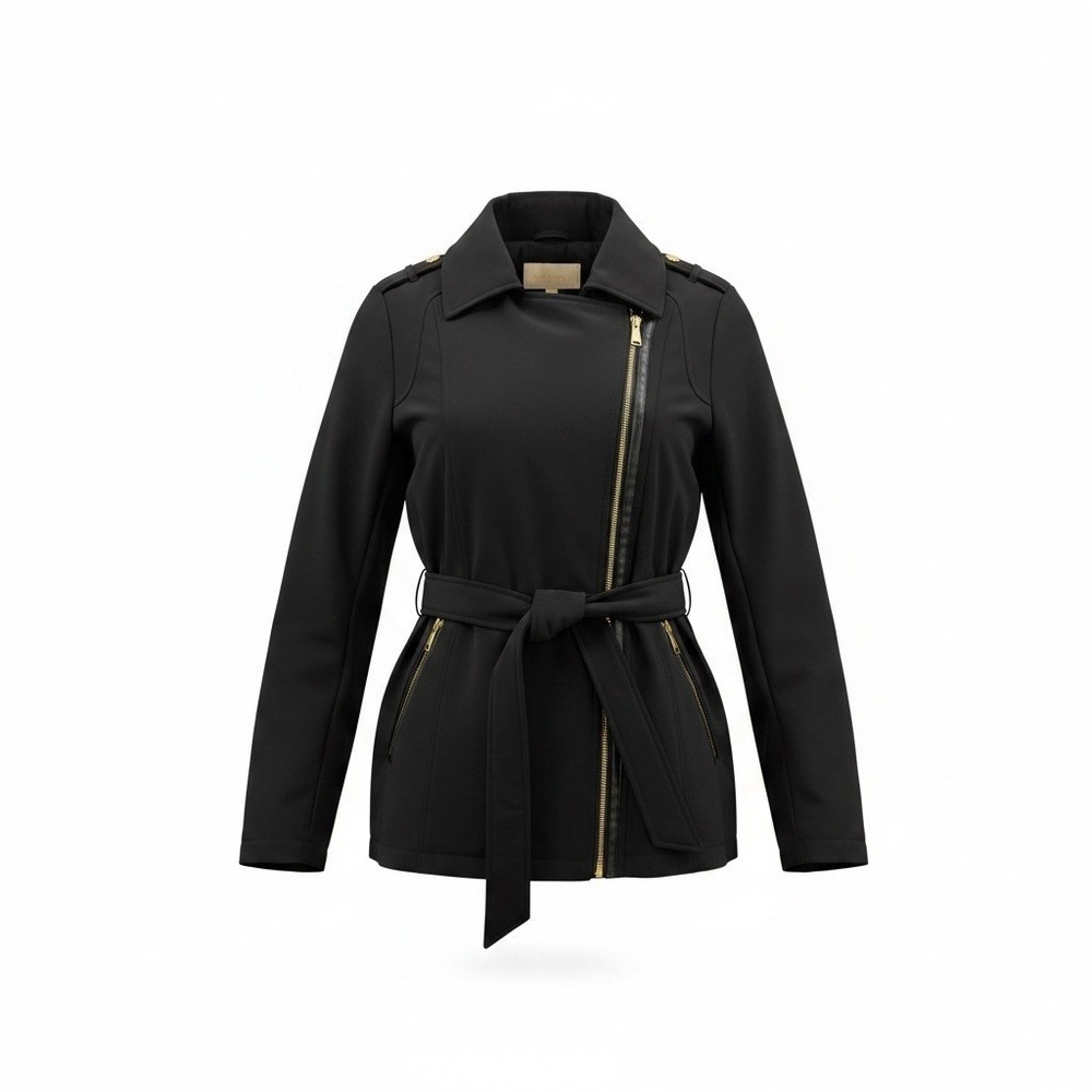 Michael Kors Womens Black Softshell Belted Trench Coat Gold Hardware Size S